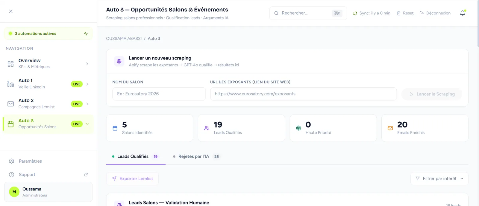 Trade-show opportunities module — leads qualified and rejected by AI